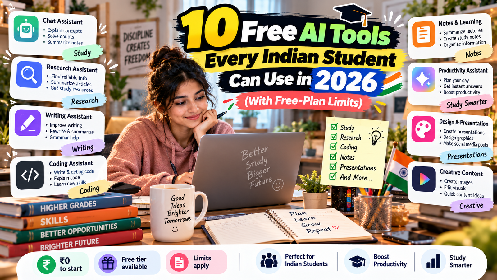 10 Free AI Tools Every Indian Student Can Use in 2026 (With Free-Plan Limits)