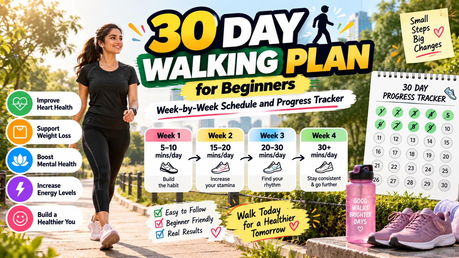 30 Day Walking Plan for Beginners: Week-by-Week Schedule and Progress Tracker