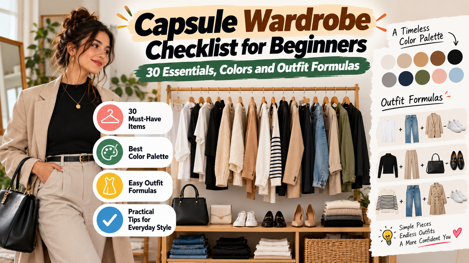 Capsule Wardrobe Checklist for Beginners: 30 Essentials, Colors and Outfit Formulas
