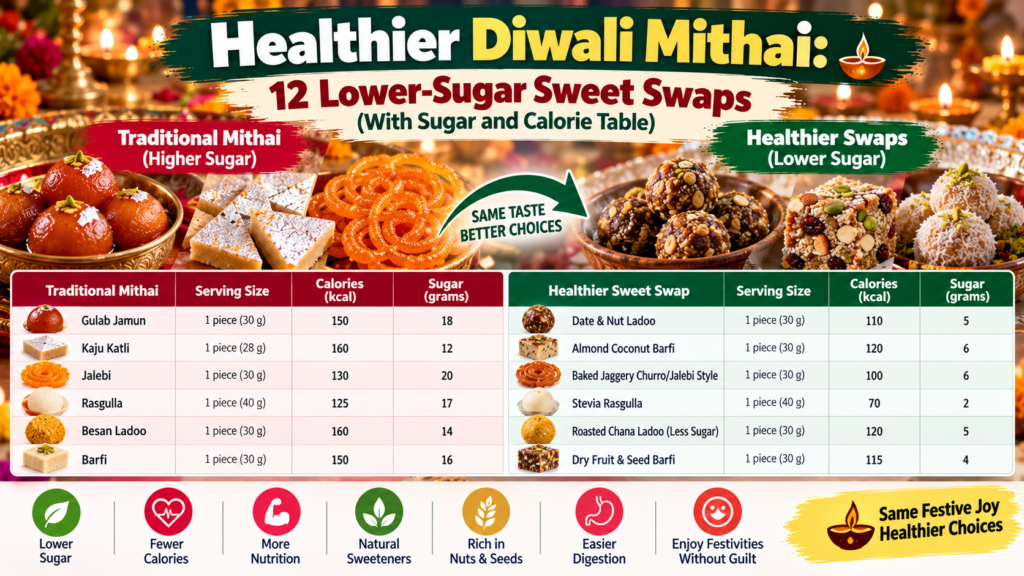 Healthier Diwali Mithai: 12 Lower-Sugar Sweet Swaps (With Sugar and Calorie Table)