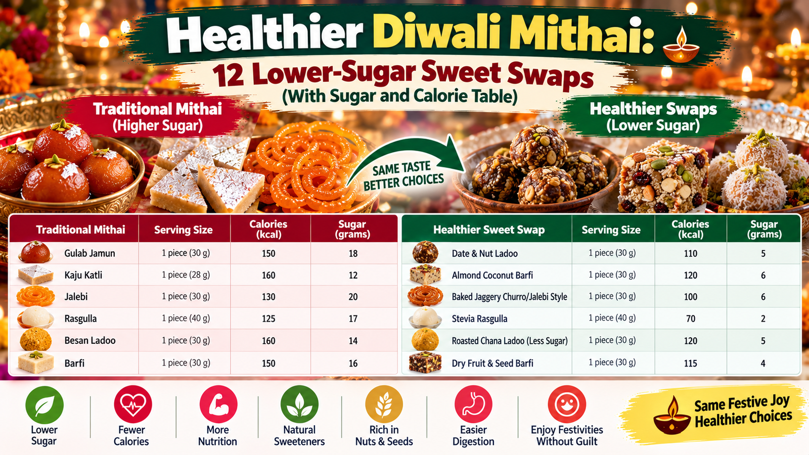 Healthier Diwali Mithai: 12 Lower-Sugar Sweet Swaps (With Sugar and Calorie Table)