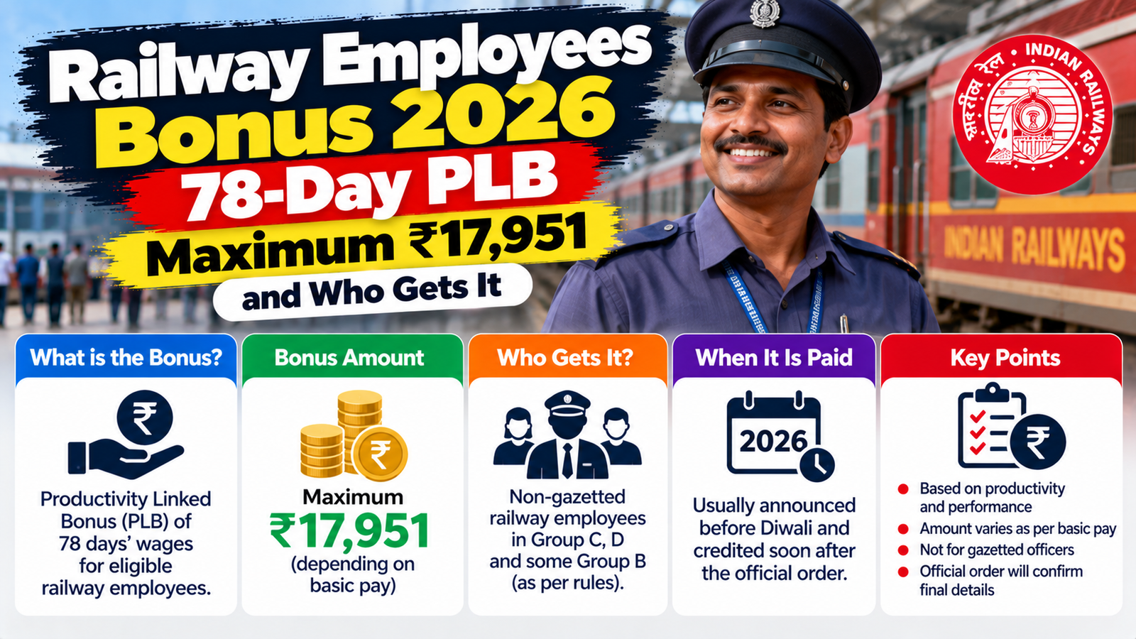 Railway Employees Bonus 2026: 78-Day PLB, Maximum ₹17,951 and Who Gets It 1 Railway Employees Bonus 2026: 78-Day PLB, Maximum ₹17,951 and Who Gets It