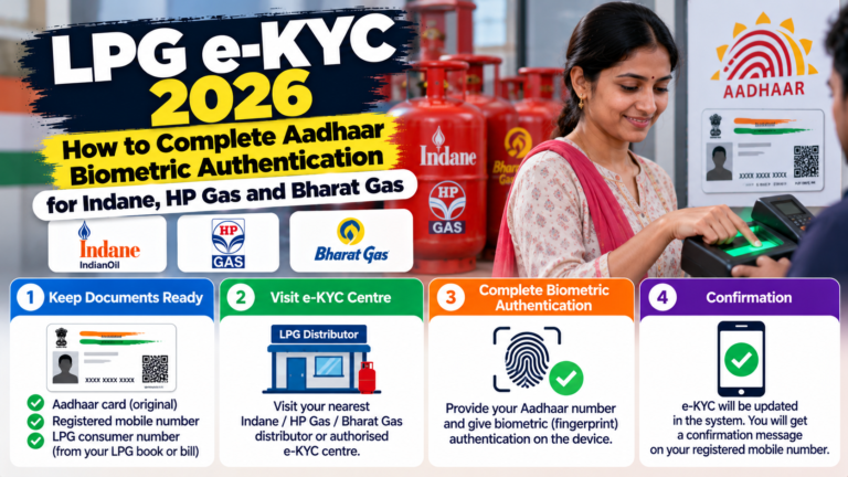 LPG e-KYC 2026: How to Complete Aadhaar Biometric Authentication for Indane, HP Gas and Bharat Gas 3 LPG e-KYC 2026: How to Complete Aadhaar Biometric Authentication for Indane, HP Gas and Bharat Gas
